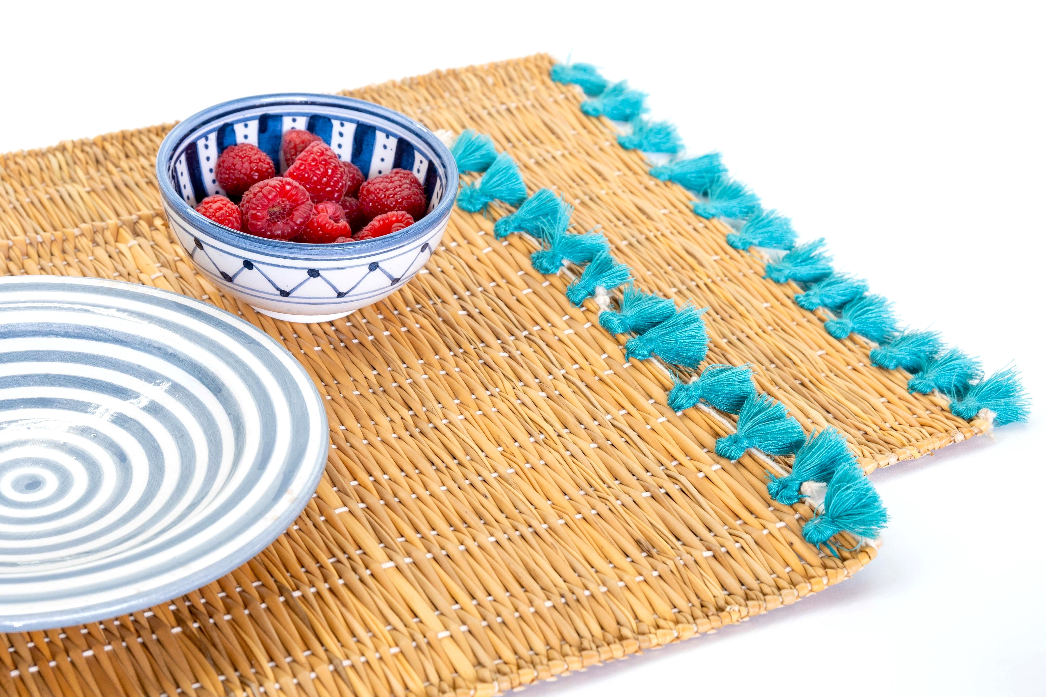LOLA placemat with tassels TURQUOISE-SET OF 2