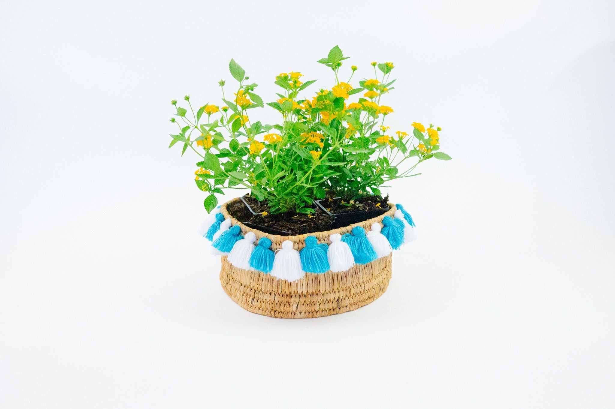 SEVERINE basket with tassels- small WHITE/TURQUOISE