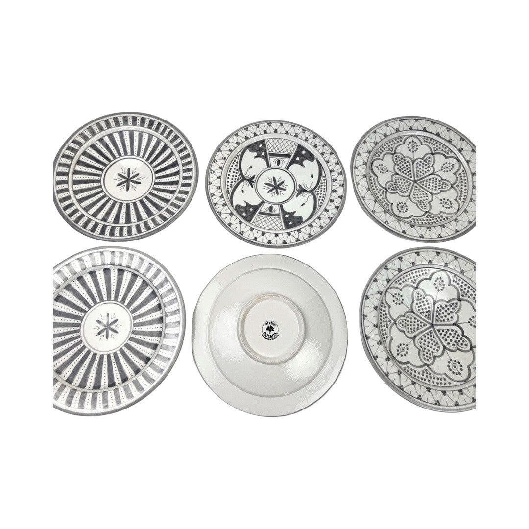 Safi Dinner Plates set of 6 Gray, 2 ray, 2 Butterfly, 2 Flower slight imperfections in glaze