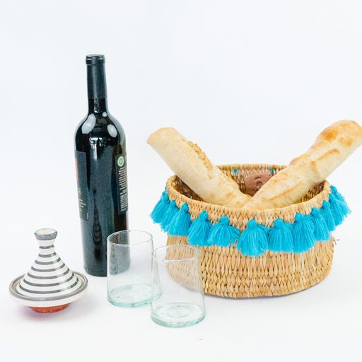 SEVERINE basket with tassels- small TURQUOISE