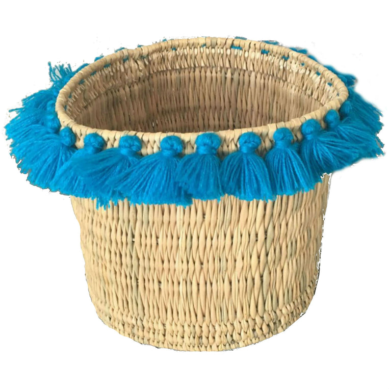SEVERINE basket with tassels- large TURQUOISE