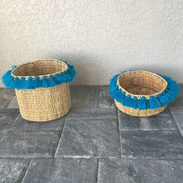 SEVERINE basket with tassels- large TURQUOISE