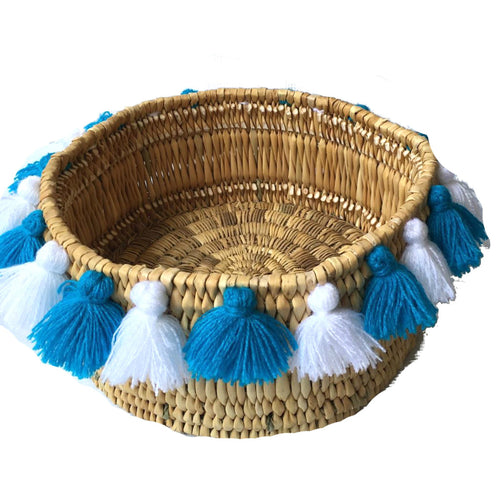 SEVERINE basket with tassels- small WHITE/TURQUOISE