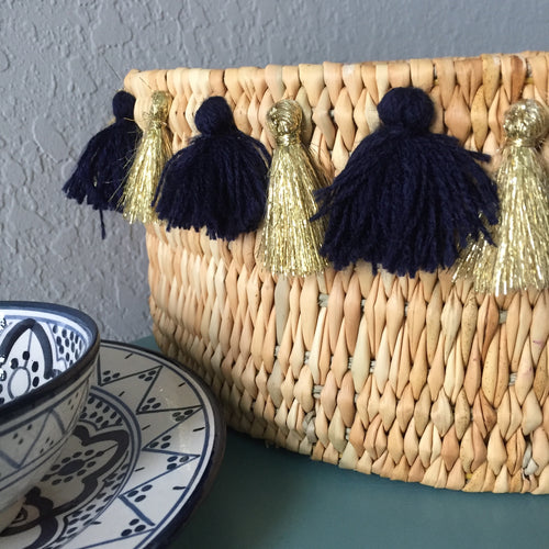 SEVERINE basket with tassels- small NAVY/GOLD